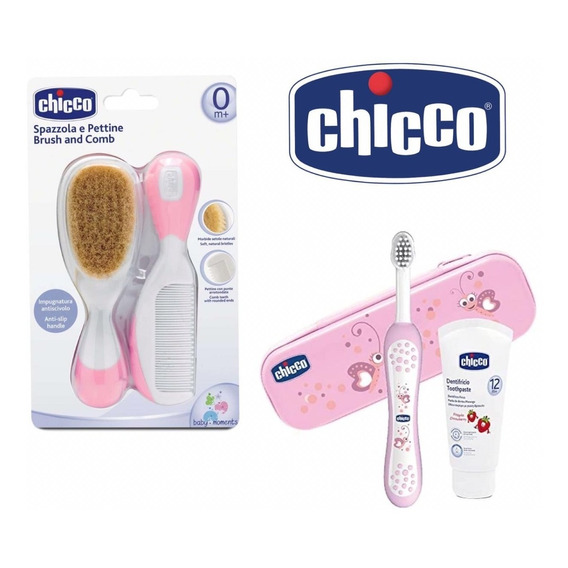 Set De Higiene Chicco Pasta Dental Cepillo Y Peine Rosa