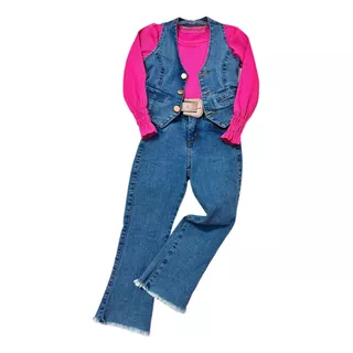 Conjunto 3 Peças Infantil Menina Colete E Calça Flare Jeans