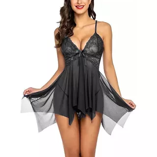 Lencería Babydoll Encaje Vestido Camisón Con Liguero Y Tanga