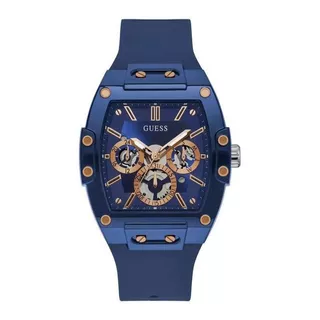 Reloj Pulsera Guess Gw0203g De Cuerpo Color Azul Oscuro, Analógico, Para Hombre, Fondo Azul Oscuro, Con Correa De Silicona Color Azul Oscuro, Agujas Color Oro Rosa Y Blanco, Dial Azul Y Oro Rosa Y Gri