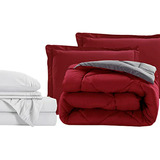 Set De Cama 7 Piezas Queen, Lujo 1500 Hilos, Rojo-gris