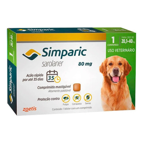 Pastilla antiparasitario para pulgas Zoetis Simparic para perro de 20.2kg a 40kg