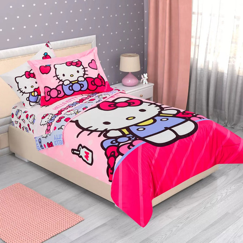 Edredón Infantil Hello Kitty Individual. Color Rosa