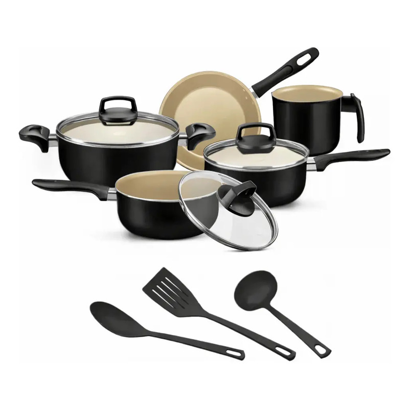 Jogo De Panelas 8 Peças Teflon Antiaderente C Tampa De Vidro Cor Preto/bege Alumínio Imperial Elegant
