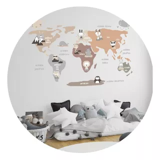 Vinilo Decorativo Infantil Mapa Animalitos Nordico 90x120cm