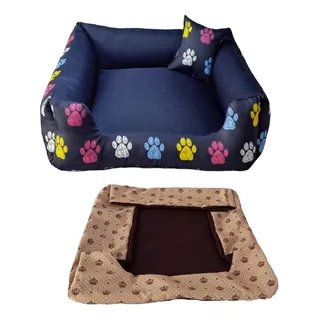 Cama P Para Pets Caminha Cachorro Pequeno 50x50 + Capa Extra Cor Cama Azul Marinho + Capa Marrom