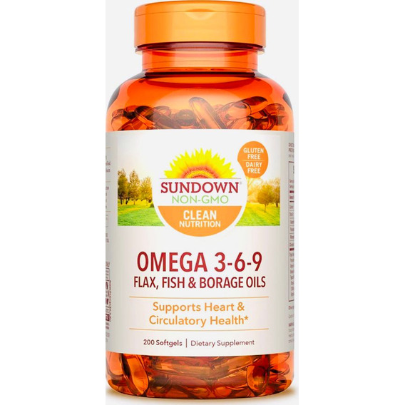 Aceites de lino, pescado y borraja Sundown Omega 3-6-9, 200 cápsulas blandas