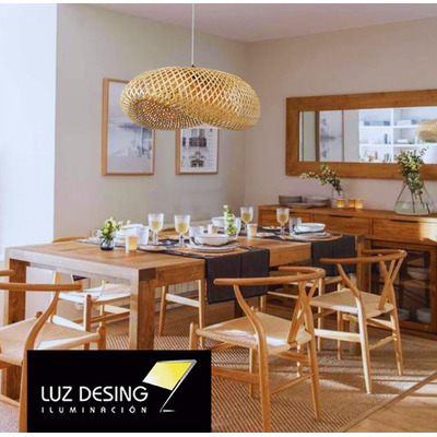 Colgante Deco Moderno De Bambu 60x40 Natural Apto Led E27 