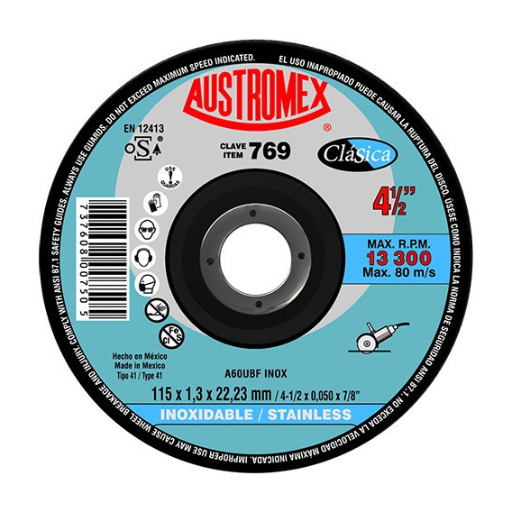 Disco De Corte 4-1/2 PLG P/acero Inox Austromex 769
