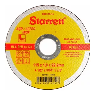 Disco Abrasivo Corte Starrett 115x1,0x22,22mm