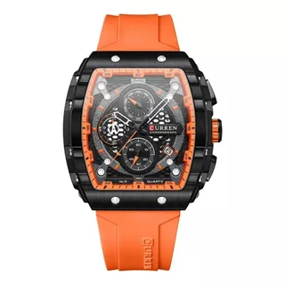 Reloj Curren 8442 Para Hombre Elegante De Lujo Correa Naranja Bisel Negro Fondo Negro