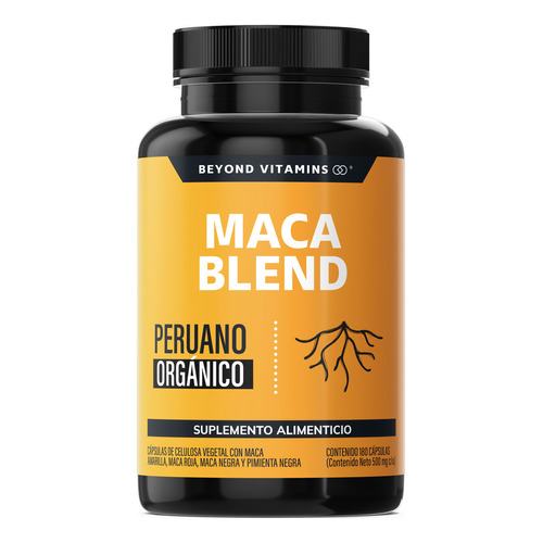 Maca Blend Maca Peruana Orgánica con Pimienta Negra Sin Azúcar Suplemento Alimenticio Vegano Beyond Vitamins Testo 180 Cápsulas