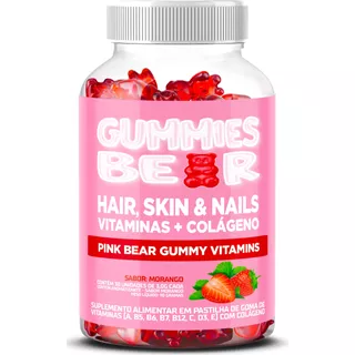 Gummy Bear Hair Vitamins Com Colágeno E Vitaminas - Sabor: Morango