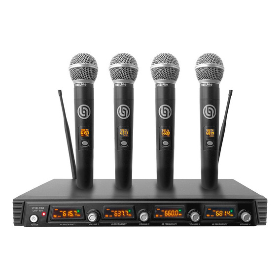 Set Profesional 4 Micrófonos Inalámbricos Uhf 70m Steelpro Color Negro