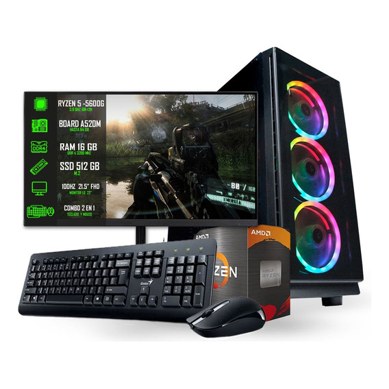 Pc Gamer Rgb Ryzen 5 5600g + 16gb +ssd 500 + Monitor 22 @pd 