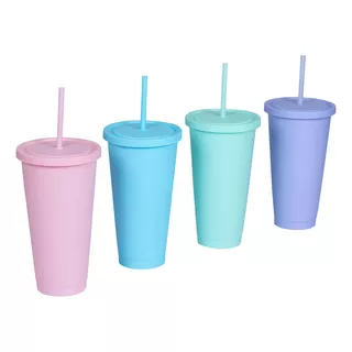 50 Vasos Reutilizable 470ml Tapa Sorbete Colores Pastel Liso