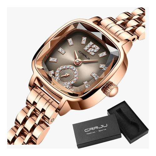 Reloj de acero inoxidable impermeable Crrju Diamond, color de fondo gris rosa