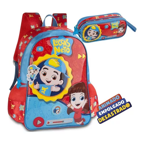 Kit Mochila Infantil Luccas Neto Estojo Duplo Escolar Costas Cor Vermelho  Desenho Do Tecido Liso