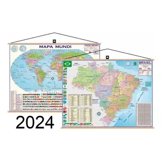 Mapa Brasil + Mundi Banner Moldura Laminado Gigante Politico