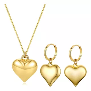 Set Collar + Aretes Corazón Golden Baño Oro Regalo 