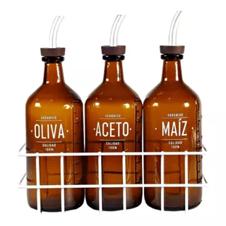 Set De Aceiteras Aceto Oliva Maiz Vidrio Ambar Con Canasta