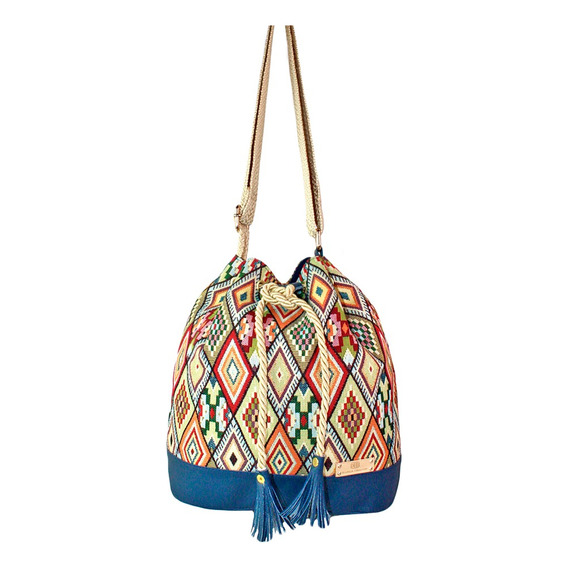 Bolso Manos Libres Bucket Dama Mujer Karla Chacon Aria Color Azul Diseño De La Tela Rayado