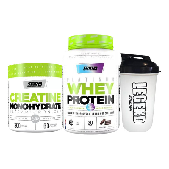 Star Nutrition Platinum Whey Protein Sabor Cookies And Cream 907g + Creatina Pura 300g + Vaso 600ml