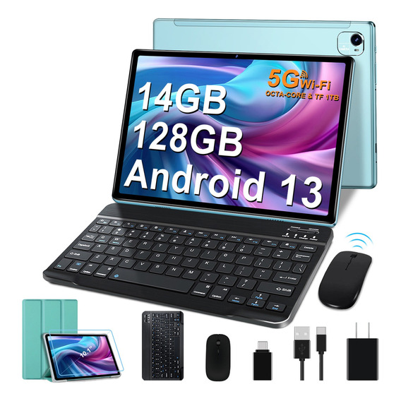 Tablet Erok Q10 PRO 10.1" 128GB verde y 14GB de memoria RAM TF 1TB Expansión Octacore 2.0Ghz WIFI 2.4G 5G Bluetooth 5.0 Certificación Google Gms Con Funda Mouse Teclado 8000Mah
