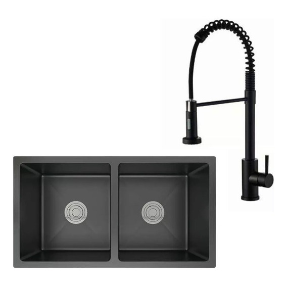 Pileta Doble En Acero Inox Negro + Grifería Extensible Acra