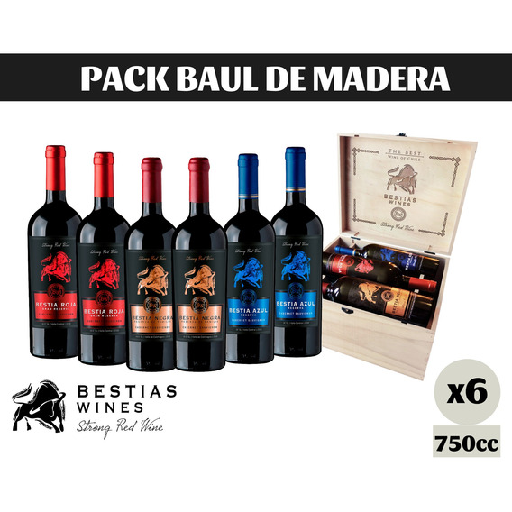 Pack 6x Vinos Bestias Baul Madera Para Regalo Dia Del Padre