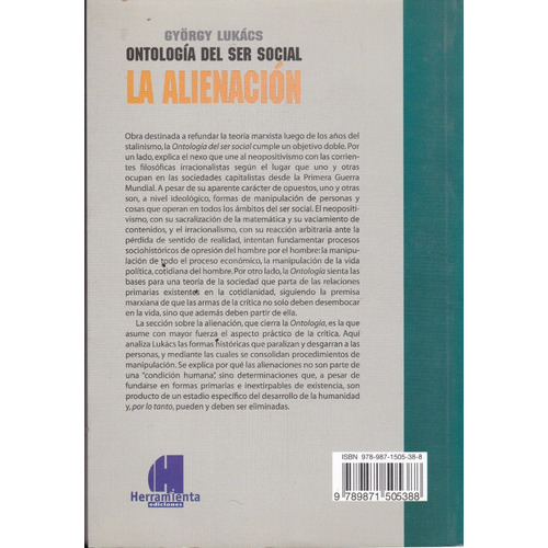Ontología Del Ser Social. La Alienación Lukacs (he), De Likacs. Editorial Herramienta, Tapa Blanda En Español, 2020