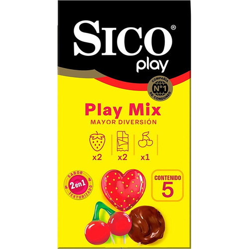 Sico play pack 5 pzas mix condón texturizado y sabores mixtos 