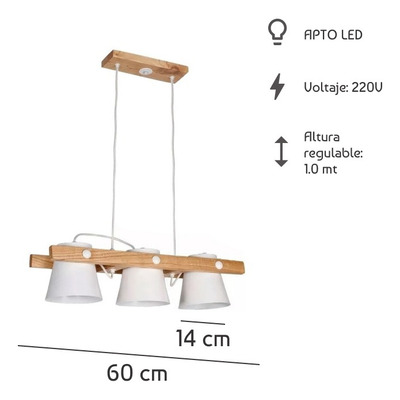 Colgante 3 Luces Madera Campana Blanco Apto Led Deco Cx