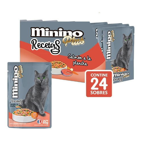 Pack X24 Sobres Para Gato Minino Plus Salmón 85g C/u