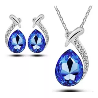 Conjunto De Colar E Brincos Cor Prata Pedra Zircônia Strass Cor Azul-marinho