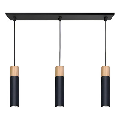 Lampara Colgante 3 Luces Tubo 28cm Negro Madera Apto Led Vig Negro/madera