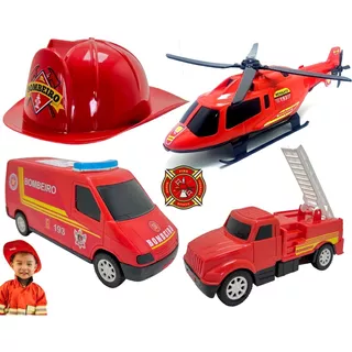 Kit Caminhão Bombeiro +capacete Brinquedo Helicóptero Menino