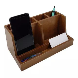 Organizador De Mesa Escritório Madeira Canetas Celular Chic