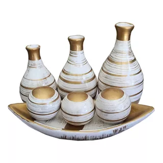 Trio Vasos Ceramica Com Prato 3 Bolas Decorativos Mesa Casa