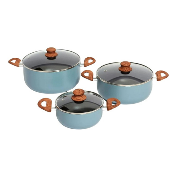 Set Batería Cocina 6 Piezas 3 Ollas Antiadherentes Carol Color Azulino