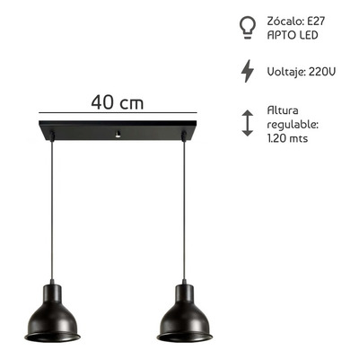 Colgante 2 Luces Campana Negra Deco Moderno Luz Desing 