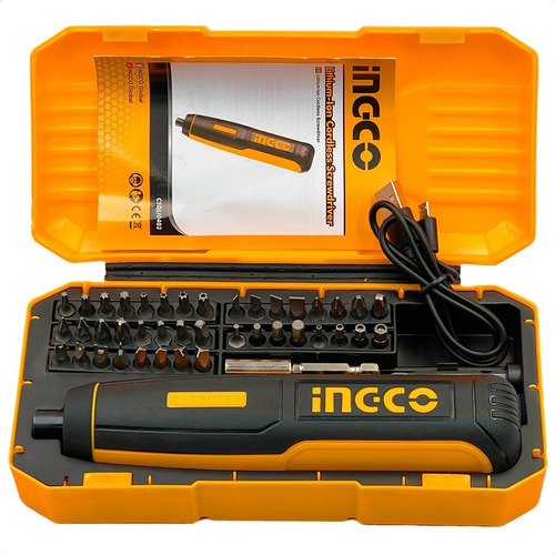 Destornillador Ingco 1/4 4 V con batería de iones de litio, puntas y carcasa, color amarillo, frecuencia 60 Hz, 110 V/220 V