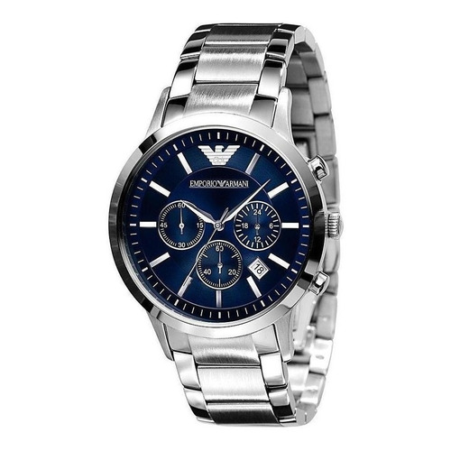Reloj pulsera Emporio Armani AR2448 con correa de acero inoxidable color plateado - fondo azul