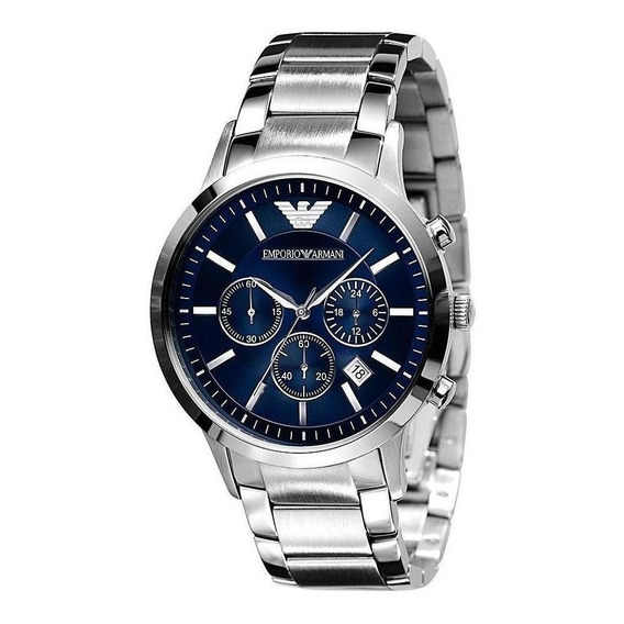 Reloj pulsera Emporio Armani AR2448 de cuerpo color plateado, analógico, para hombre, fondo azul, con correa de acero inoxidable color plateado, agujas color plateado, dial plateado, subesferas color 