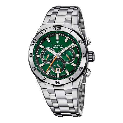 Reloj Festina Hombre Chrono Bike 2024 Verde Fecha F20670.2 Malla Plateado Bisel Plateado