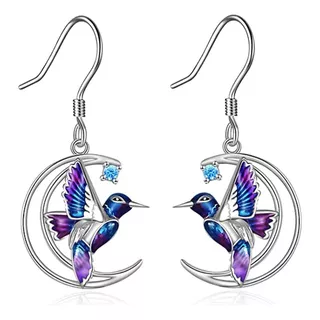 Aros Plata Fina 925 Colibri Luna Circon Regalo Mujer Joyas