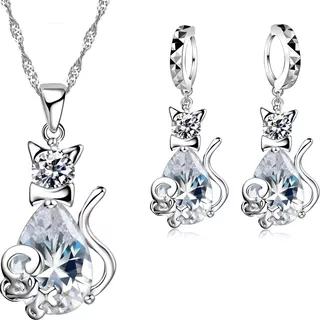 Conjunto Baño Plata 925 Mujer Gato Cristal Collar Aros