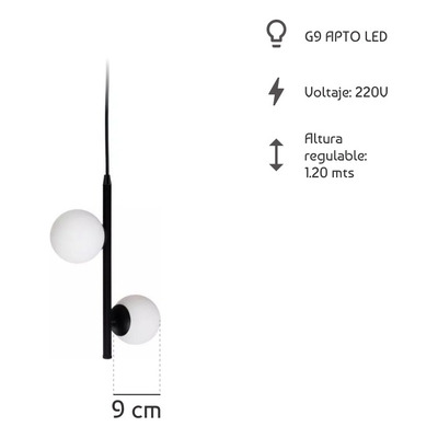 Colgante 2 Luces Elyn Diseño Negro Globo Opal Apto Led Deco