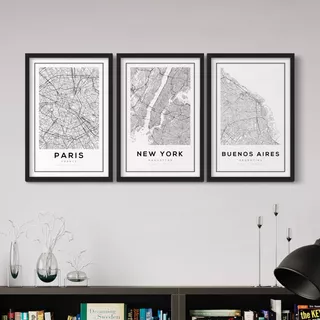 Set 3 Cuadros Con Vidrio - Mapa Paris, New York, Bs As 20x30