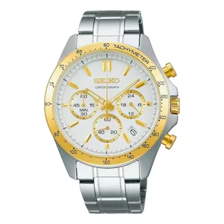 Seiko Sbtr024 Reloj Cronógrafo De Cuarzo Para Hombre Correa Plateado Bisel Dorado Fondo Blanco